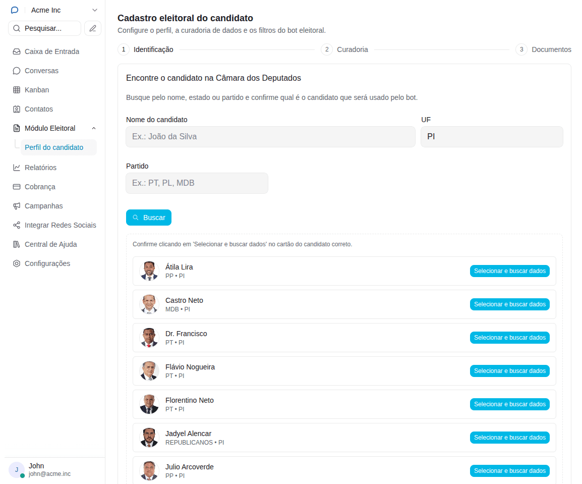 Cadastro eleitoral do candidato na SoChat — identificação na Câmara dos Deputados